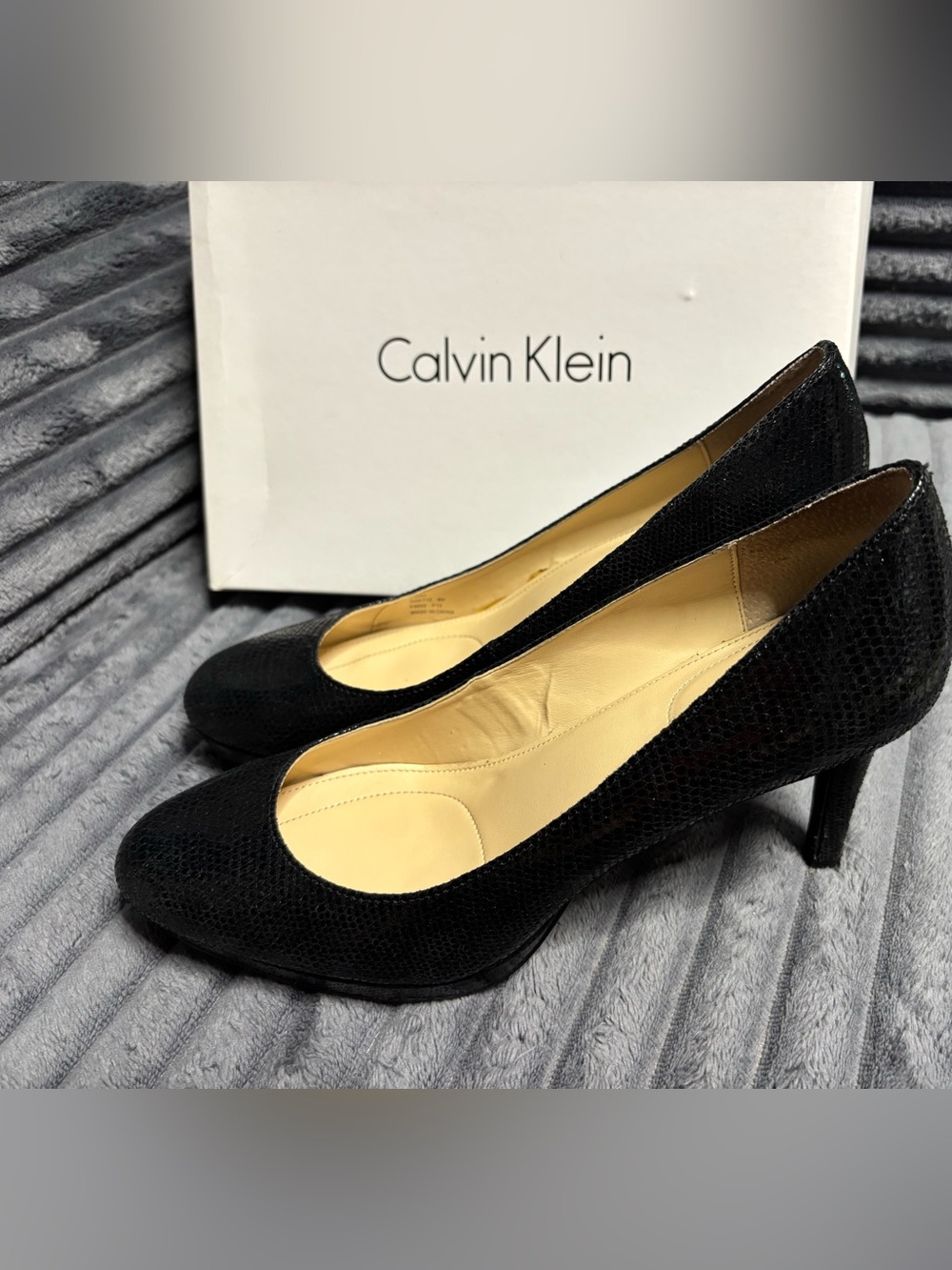 Calvin Klein Black Textured Mid Heel Pumps